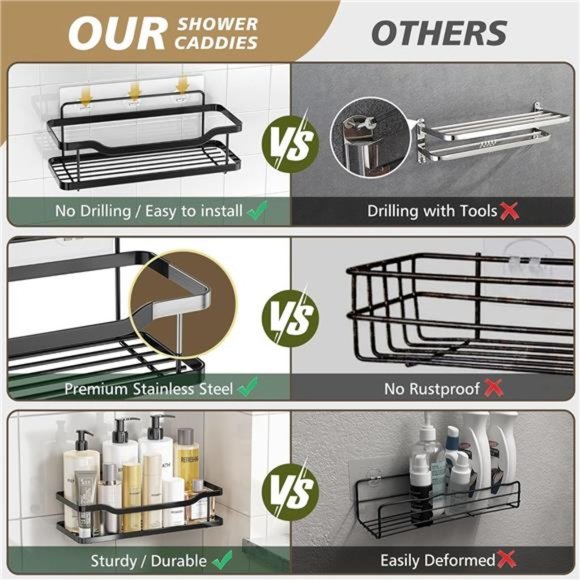 Shower Caddy, 2-Pack Adhesive Shower Organizer, No Drilling Rustproof - Picture 6 of 8